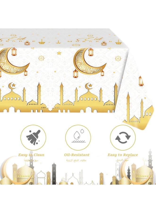 Ramadan Plastic Disposable TableCloth,White and Gold Mosque Moon Star Lamp Tablecloths for Ramadan Party Supplies 54×108Inches - Image 4